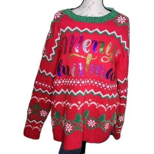 Holiday Time "Merry Christmas"‎ Sequin Ugly Christmas Sweater Womens XL